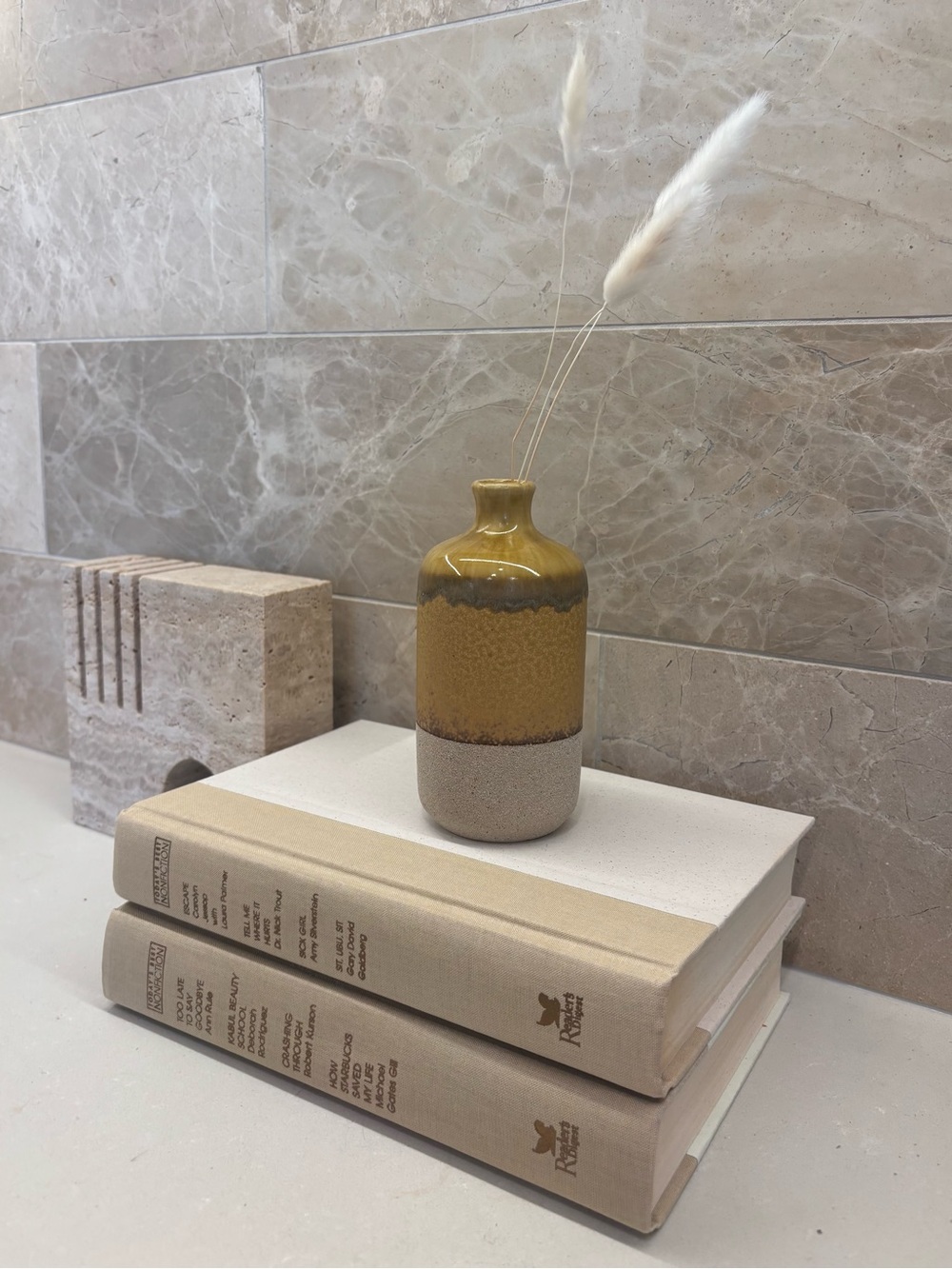Neutral book-stack x Ceramic Mustard Stone Decorative Vase + Bunny Tails